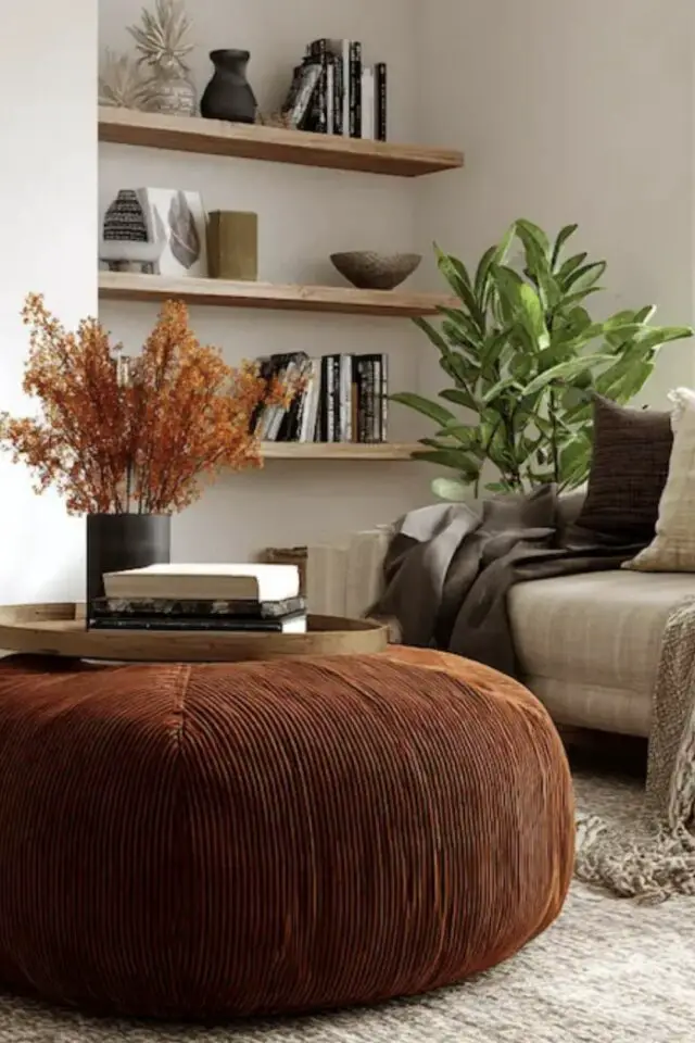 idée déco conseil salon automne ambiance moderne cosy pouf en velours étagères murales bois 