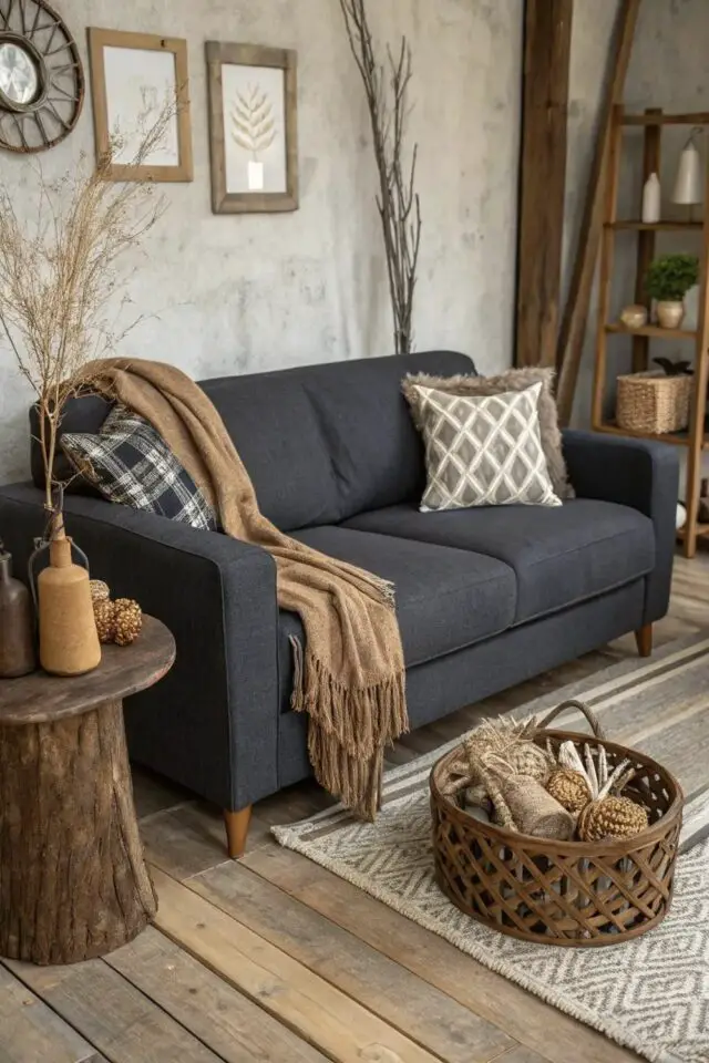 idée déco conseil salon automne petit canapé gris anthracite tapis motif plaid cosy bout de canapé bois rustique 