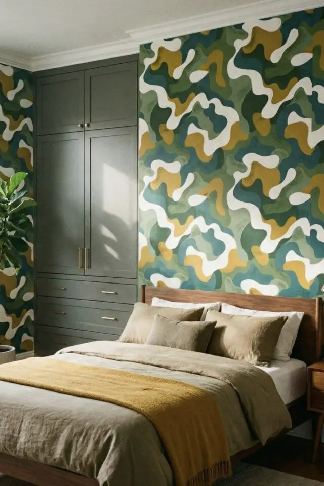 jolie chambre adulte verte et moderne papier peint original touche kaki vert émeraude et moutarde 