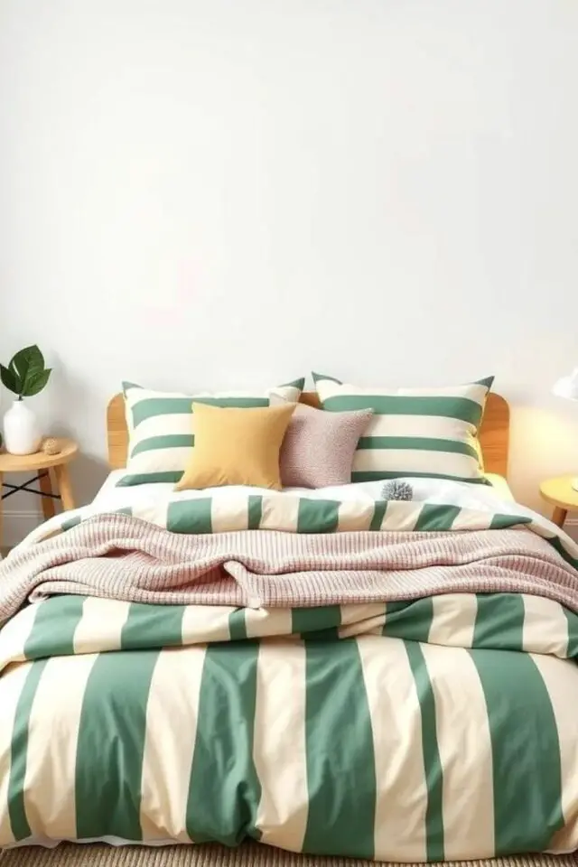 jolie chambre adulte verte et moderne parure de lit rayure vert et blanc tendance 
