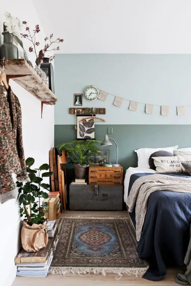 jolie chambre adulte verte et moderne bicolore peinture murale ambiance douce 