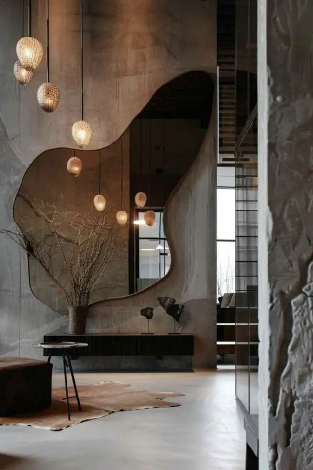 photo hall d'entrée moderne chic miroir organique XXL tapis bête ambiance minimaliste mur etxturé console murale photo hall d'entrée moderne chic miroir organique XXL tapis bête ambiance minimaliste mur etxturé console murale