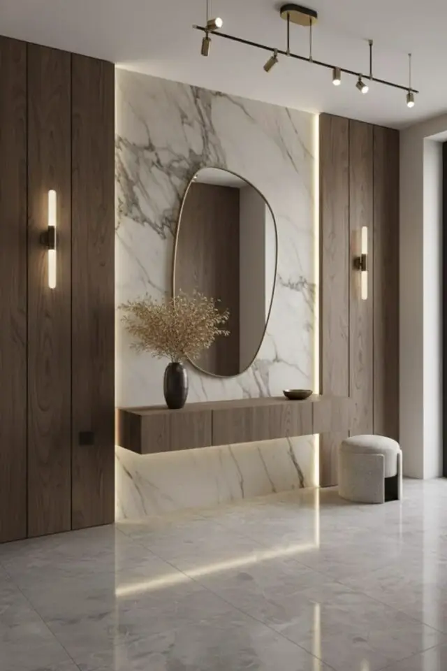 photo hall d'entrée de maison chic texture mur marbre et bois grand miroir forme organique applique murale épurée console accrochée au mur photo hall d'entrée de maison chic texture mur marbre et bois grand miroir forme organique applique murale épurée console accrochée au mur