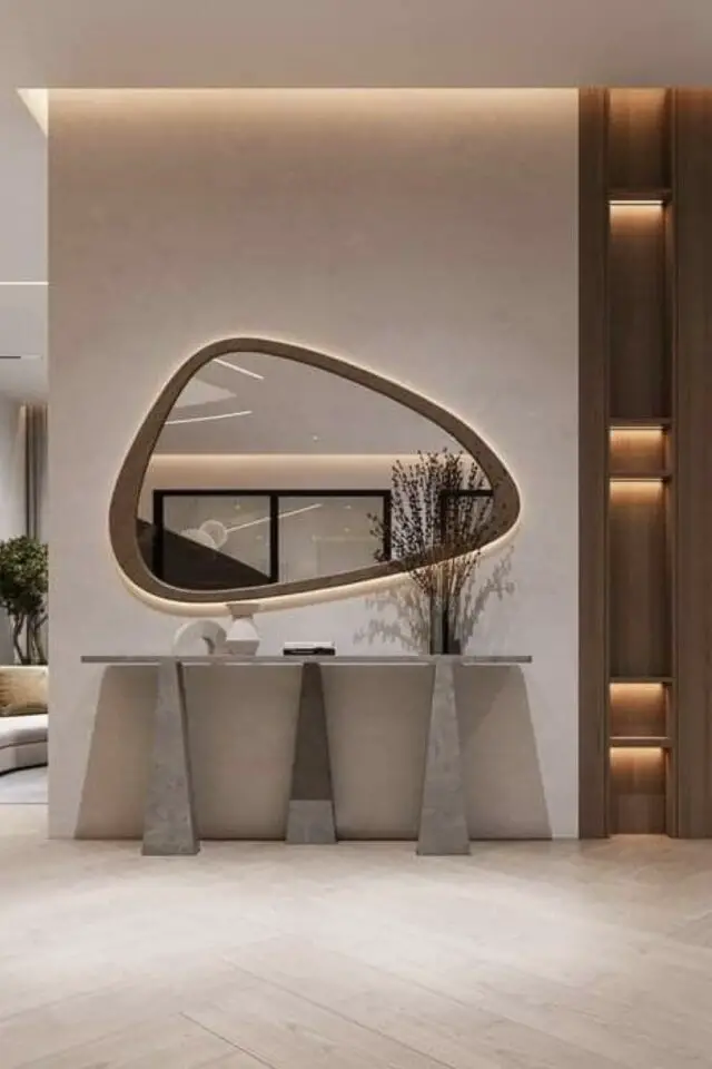 photo hall d'entrée moderne chic et élégant console design béton miroir organique grand format rétro-éclairé photo hall d'entrée moderne chic et élégant console design béton miroir organique grand format rétro-éclairé