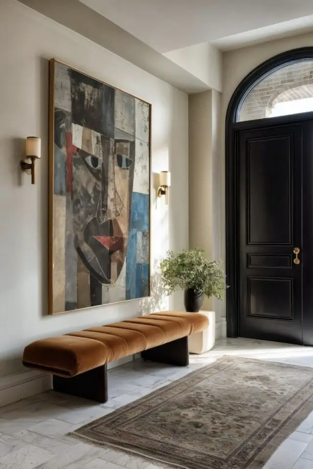 photo hall d'entrée moderne élégant sol marbré tableau abstrait couleur chaleureuse et chic banc en velours marron applique murale tapis persan photo hall d'entrée moderne élégant sol marbré tableau abstrait couleur chaleureuse et chic banc en velours marron applique murale tapis persan