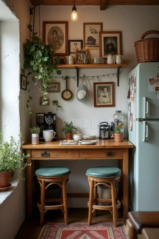 relooking cuisine rustique plan snack meuble en bois chiné tabouret vintage à côté du frigo plantes vertes 