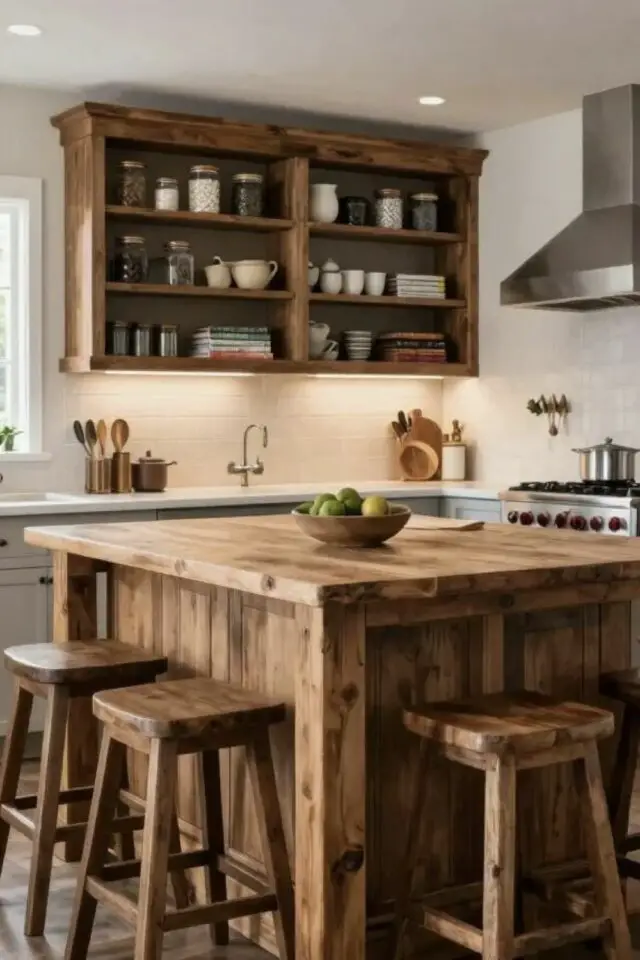 relooking cuisine rustique îlot central grand format en bois aménagement cuisine 