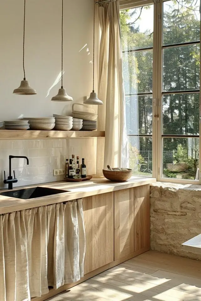 relooking cuisine rustique meuble en bois clair rideau beige éclairage design étagère ouverte et lumière naturelle 