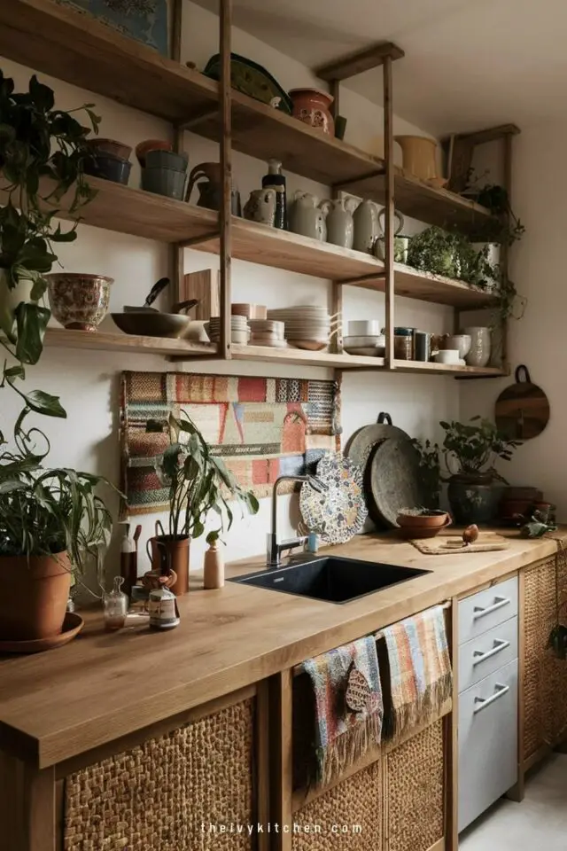 relooking cuisine rustique plan de travail en bois étagère ouverte design minimaliste plantes verte 