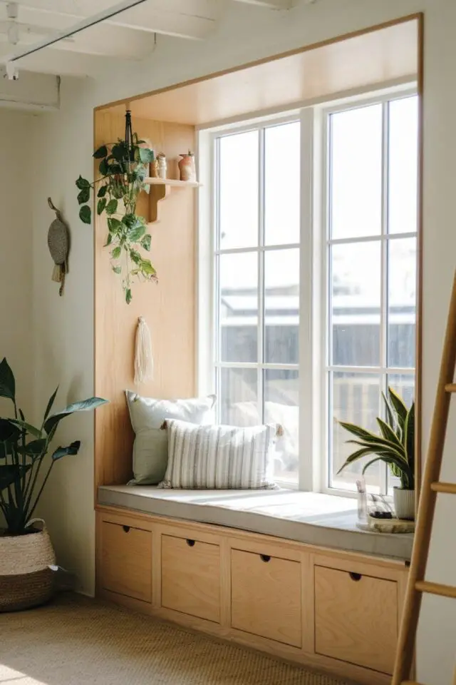 rénovation maison changement fenêtre avec croisillons en PVC élégant encadrement bois avec banquette cosy 