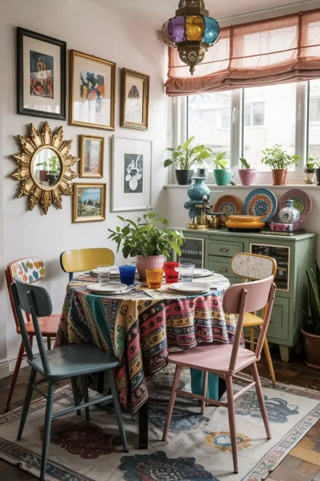 salle à manger bohème chic nappe imprimée petite table ronde chaise vintage décoration murale idée petit buffet vert  