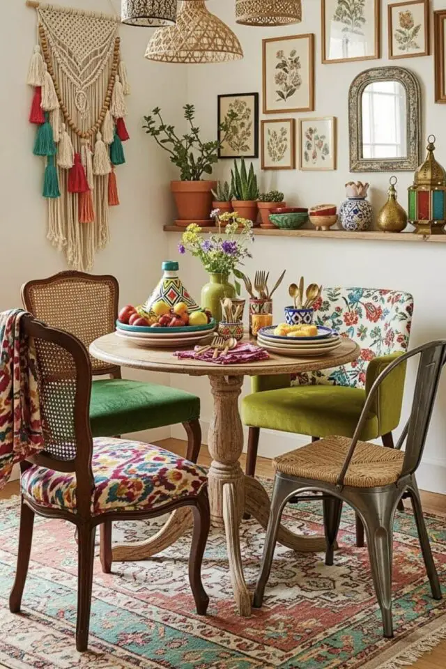 salle à manger bohème chic décoration tapis persan table ronde en bois vintage chaise dépareillée motif macramé mural petite étagère 
