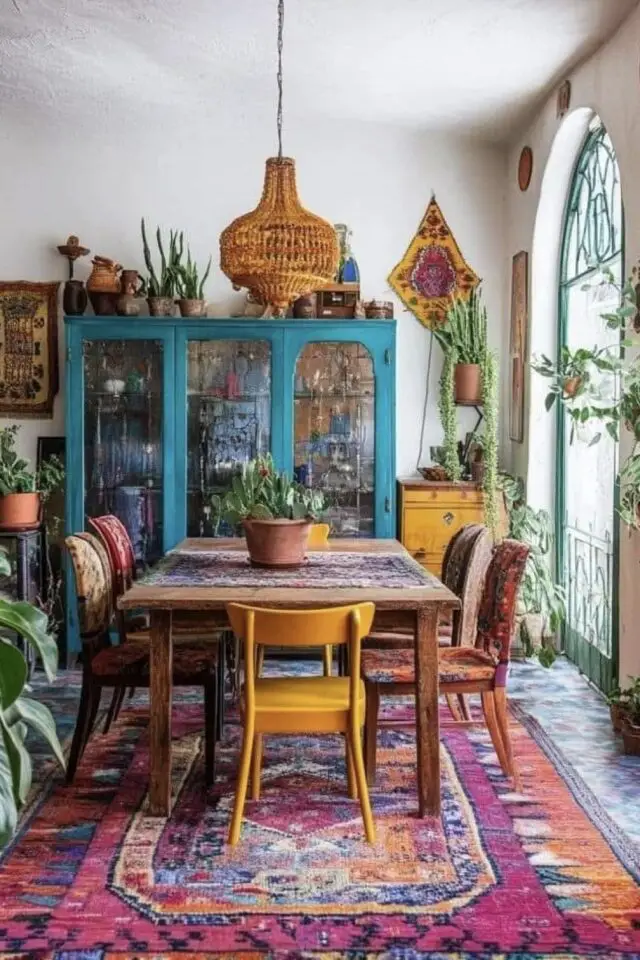 salle à manger bohème chic tapis coloré buffet vitrine bleu chaise jaune plantes vertes décor éclectique 