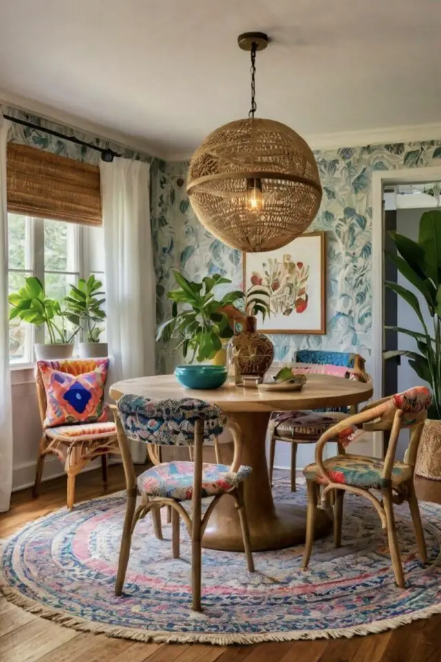 salle à manger bohème chic décoration table ronde 4 personnes chaise et et fauteuil en rotin tapis motif papier peint 