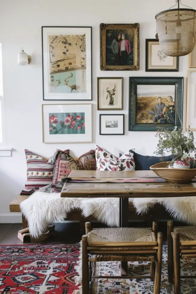 salle à manger bohème chic décoration table en bois tabouret banquette fausse fourrure coussin imprimé 