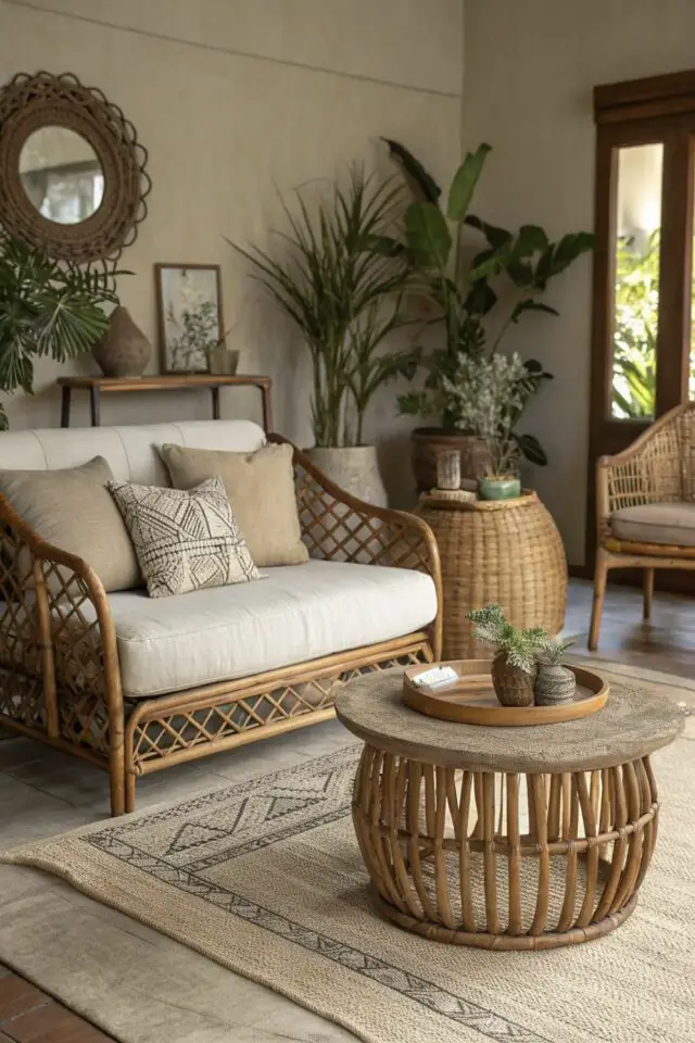 salon bohème estival meuble en rotin fauteuil XL table basse couleur neutre plantes vertes 