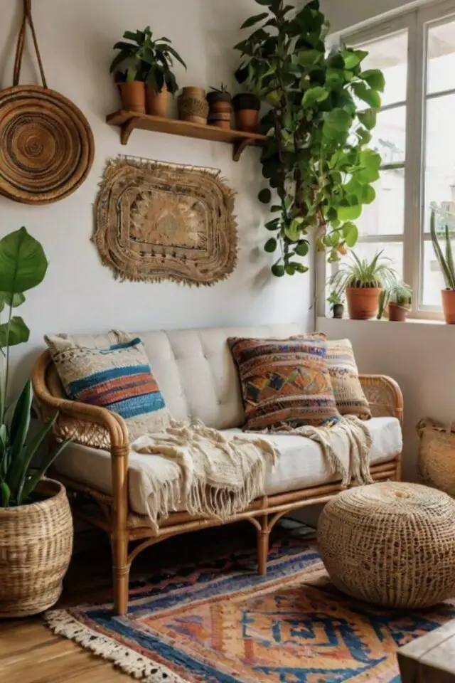 salon bohème estival meuble en rotin petit canapé coussin blanc cassé tapis déco murale éclectique plantes vertes 