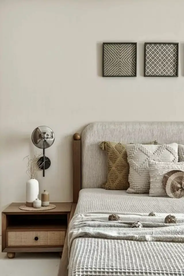idée déco chambre parentale moderne design contemporain ambiance inspirée du Japon minimaliste bois mur blanc et textile gris élégant 