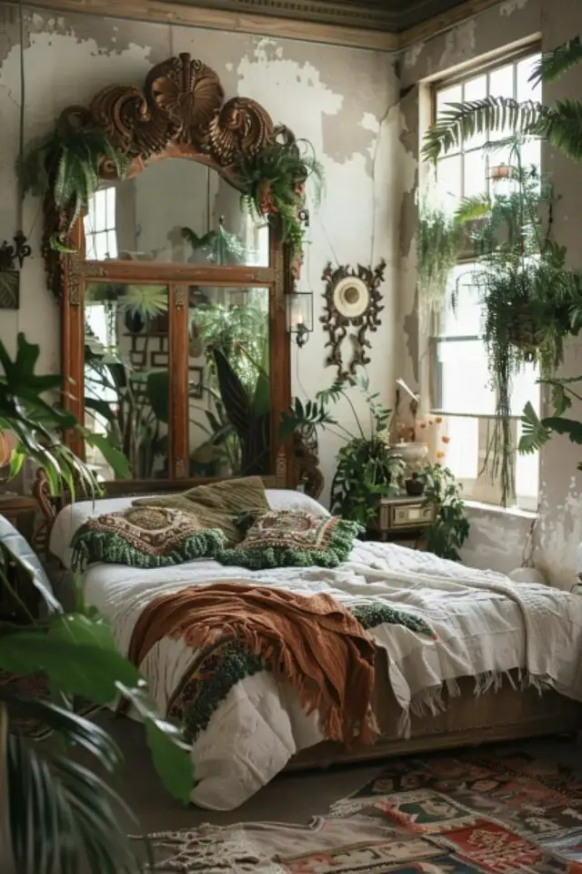 décoration chambre parentale style urban jungle idées petit espace meuble vintage et plantes vertes 