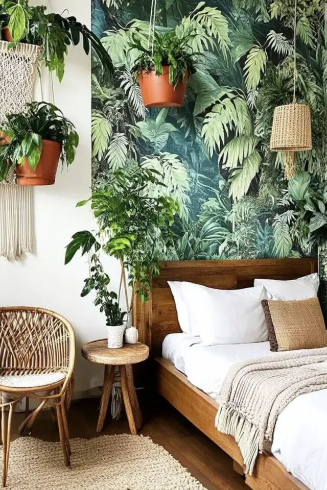 décoration chambre parentale style urban jungle mur accent tête de lit papier peint tropical plantes vertes meuble en bois 