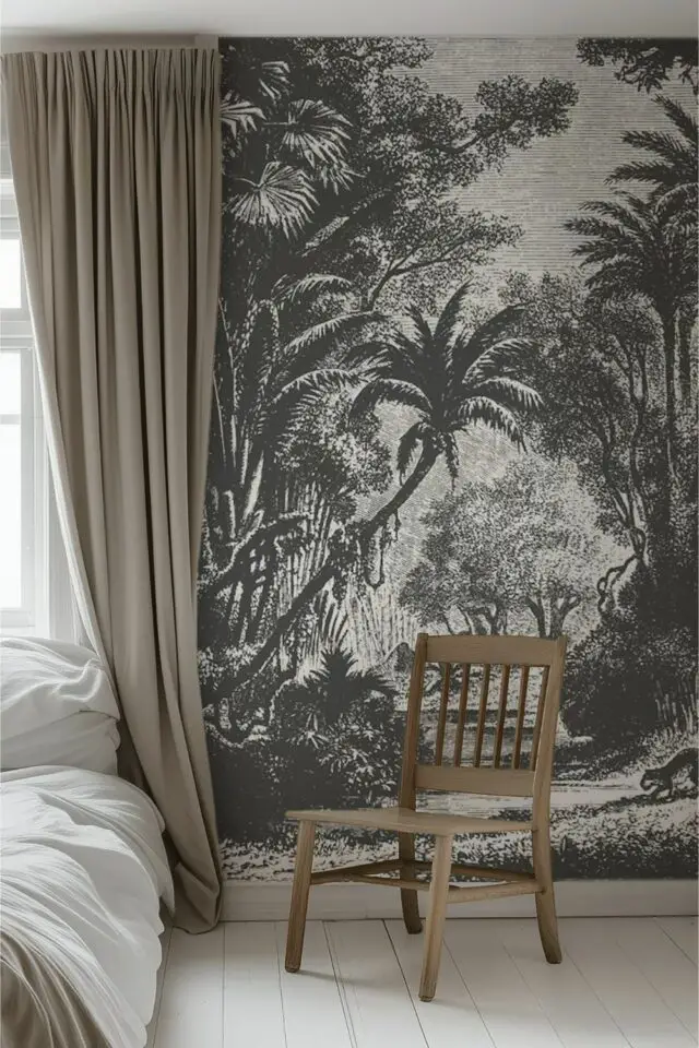 décoration chambre parentale style urban jungle papier peint tropical noir et blanc rideau couleur naturel 