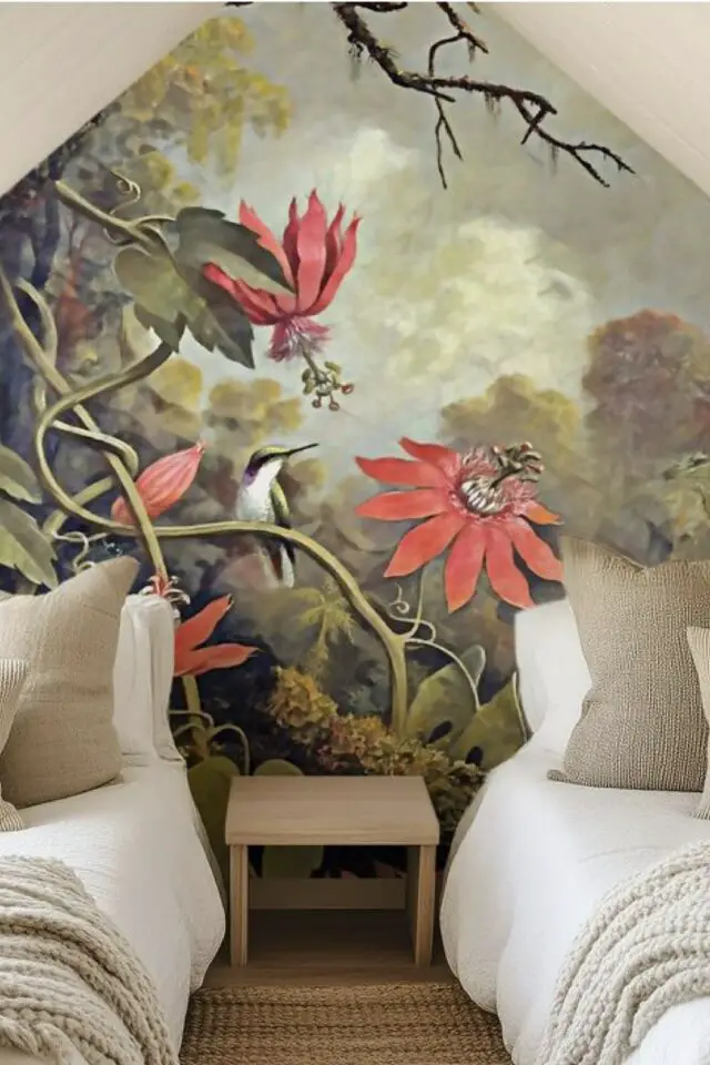 décoration chambre parentale style urban jungle papier peint décor tropical fleur coloré fond vert panoramique 