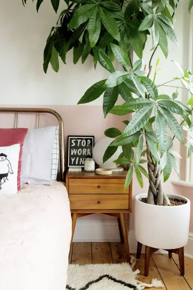 décoration chambre parentale style urban jungle plante d'intérieur en pot table de chevet en bois soubassement rose millenial 