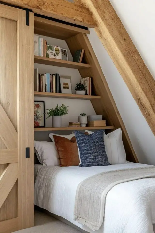 chambre mansardée d'un côté place du lit aménagement petit espace 10m2 poutres et charpente en bois porte coulissante étagères murales 