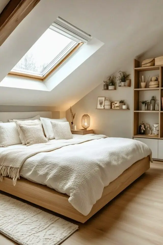 chambre mansardée d'un côté aménagement sous Velux fenêtre de toit lit 2 personnes en bois ambiance cocooning couleur beige et blanc camaïeux 