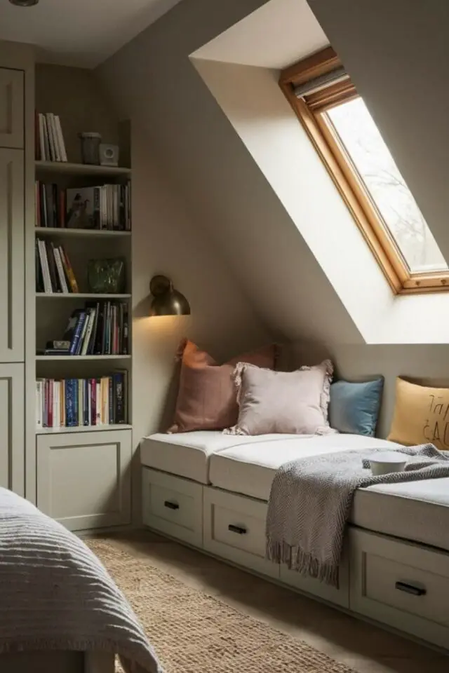 chambre mansardée d'un côté aménagement intérieur banquette sur mesure sous la pente de toît coin lecture bibliothèque couleur cosy beige vert 