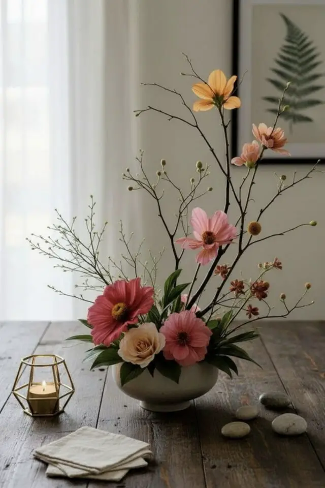 composition florale Ikebana centre de table décoration salle à manger idée à copier et à faire soi-même 