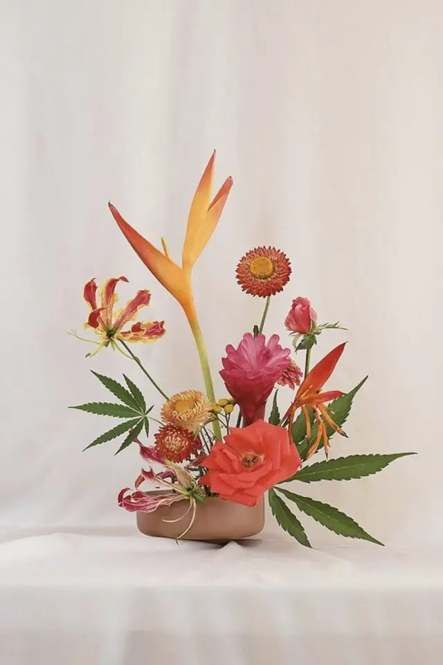 composition florale Ikebana exemple colorée fleurs exotiques en volume esthétique épuré printemps moderne 