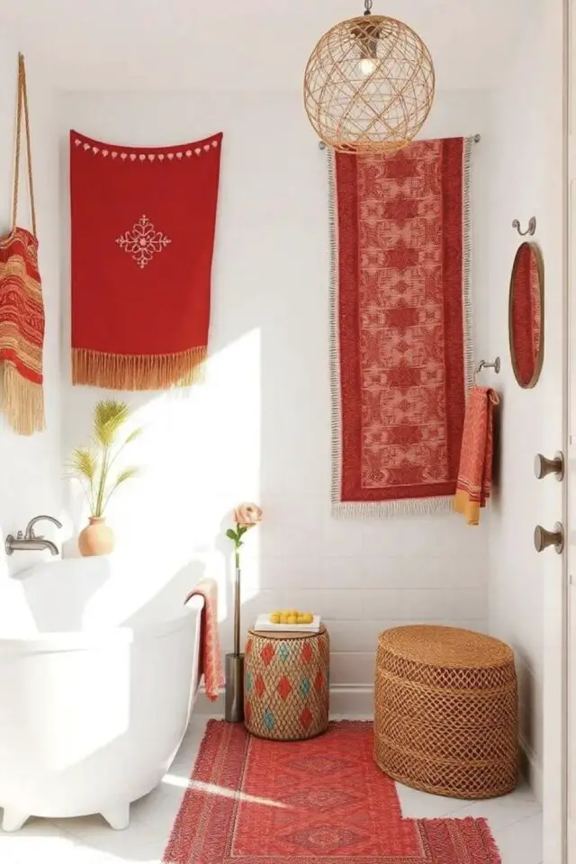 déco murale salle de bain blanche textile bohèmes accrochés au mur contraste couleur rouge 