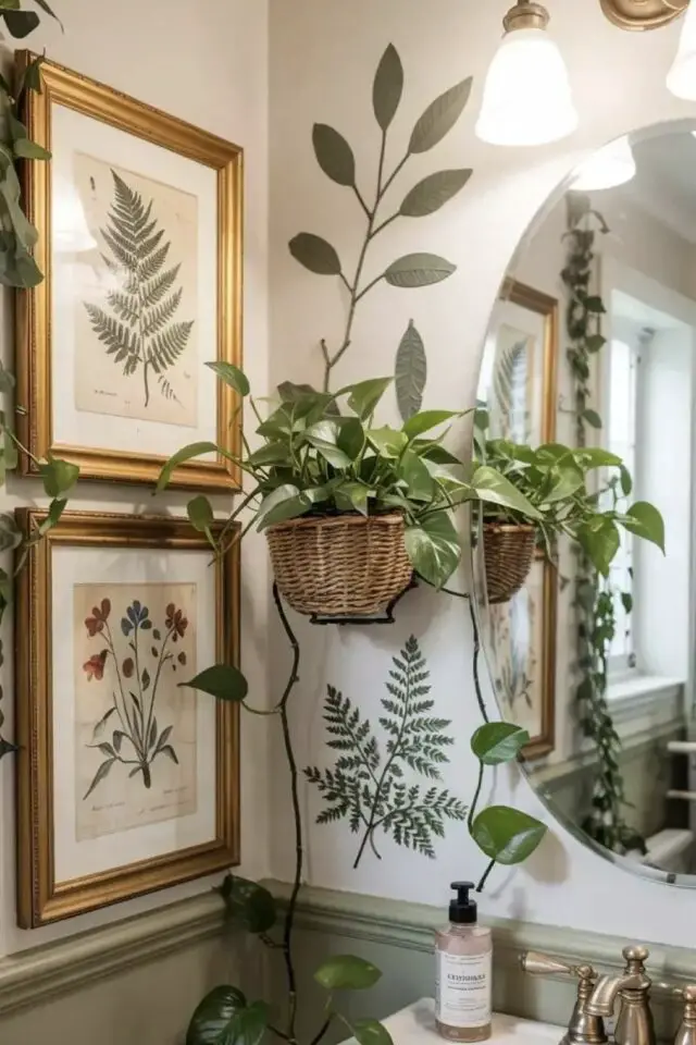 motif végétal peint au pochoir cadres ancien effet herbier plantes suspendue accrochée au mur déco salle de bain mur ambiance nature 