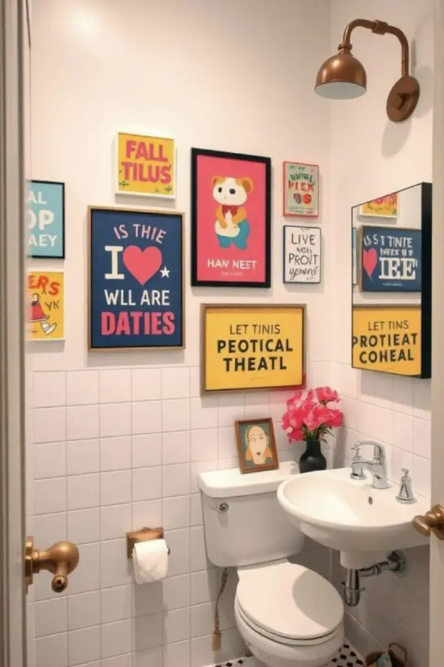 petit cabinet de toilette blanc personnalisé avec des affiches colorées et humoristique galerie de cadre moderne et facile à mettre en oeuvre décoration murale salle de bain idée à copier 