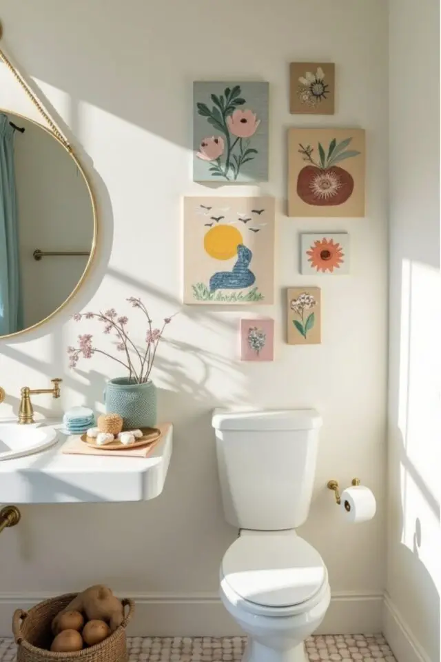 petite pièce d'eau avec les toilettes dedans galerie de toiles peintes à faire soi-même décoration murale salle de bain idée à copier 