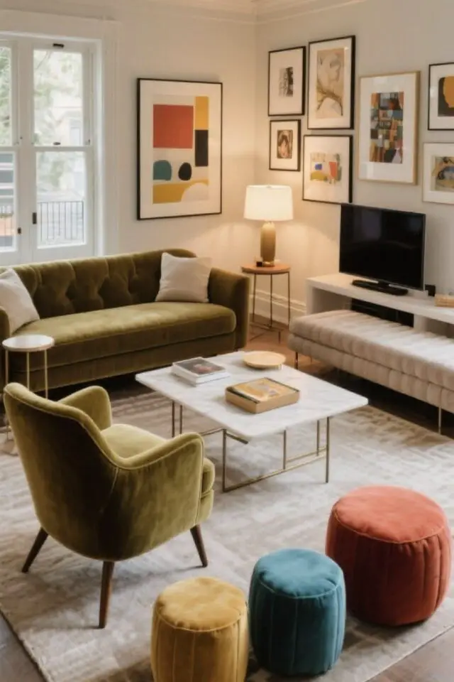 Idée déco salon appartement moderne et chic touche de couleur grâce aux assises canapé et fauteuil verts en velours pouf jaune bleu orange Idée déco salon appartement moderne et chic touche de couleur grâce aux assises canapé et fauteuil verts en velours pouf jaune bleu orange