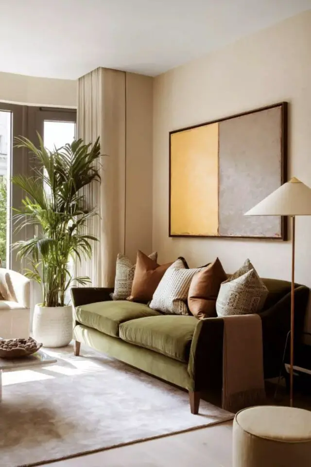 Idée déco salon appartement lumineux mur beige écru canapé vert tableau bicolore tapis clair plante verte double rideau Idée déco salon appartement lumineux mur beige écru canapé vert tableau bicolore tapis clair plante verte double rideau