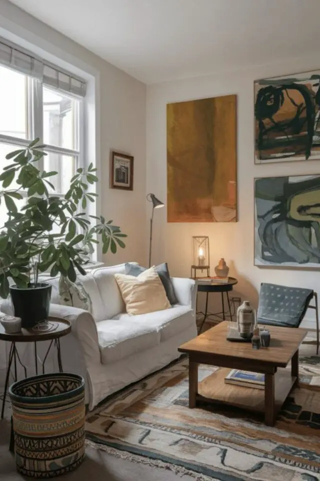 déco salon appartement housse de canapé blanche tapis neutre tableaux au mur table basse en bois store à lamelles déco salon appartement housse de canapé blanche tapis neutre tableaux au mur table basse en bois store à lamelles