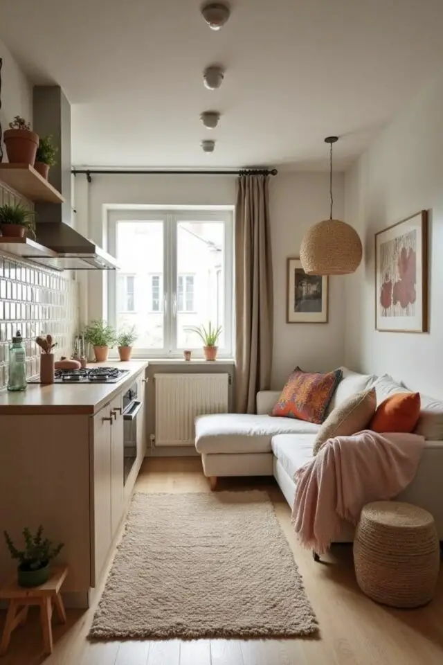 Idée déco salon appartement studio étudian canapé d'angle cuisine petit espace tout en longueur Idée déco salon appartement studio étudian canapé d'angle cuisine petit espace tout en longueur