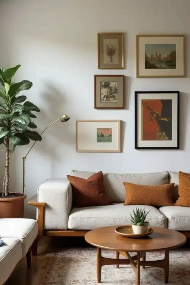 déco salon appartement moderne et lumineux mur blanc canapé bois et beige chic coussin couleur nouveaux neutres terreuses ocre terracotta galerie de cadres déco salon appartement moderne et lumineux mur blanc canapé bois et beige chic coussin couleur nouveaux neutres terreuses ocre terracotta galerie de cadres