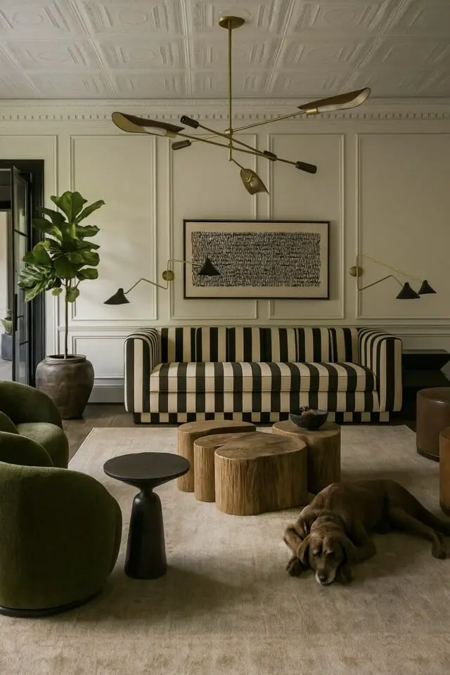 déco et aménagement du salon erreurs à éviter éclairage luminaire canapé rayé tapis ambiance chic et élégante 