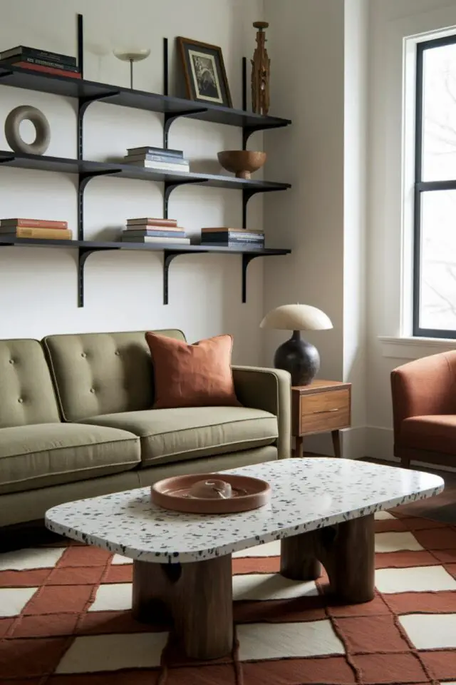 déco et aménagement du salon erreurs à éviter ambiance vintage mid century modern tapis beige et marron canapé vert étagère murale design 