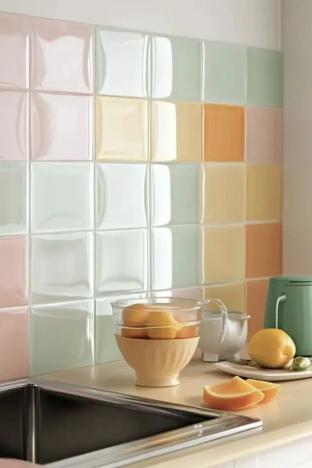 déco slow printemps idées cuisine crédence carrelage couleur pastel plan de travail bois 