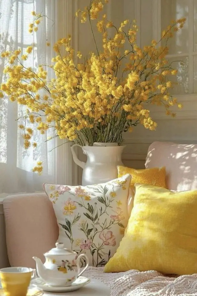 déco slow printemps idées salon mimosa housse de coussin fleurie 