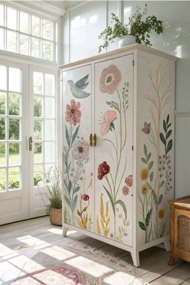déco slow printemps idées armoire blanche relookée fleur oiseau chambre enfant 