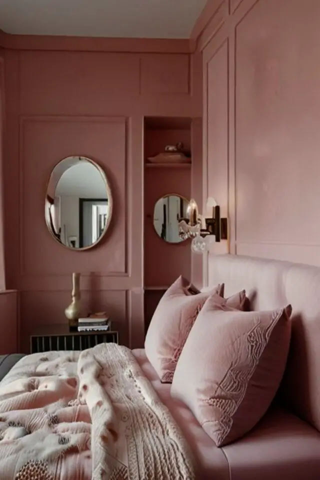 idée déco camaïeux rose chambre à coucher adulte mur peinture tête de lit parure de drap et d'oreiller couvre-lit effet monochrome idée déco camaïeux rose chambre à coucher adulte mur peinture tête de lit parure de drap et d'oreiller couvre-lit effet monochrome