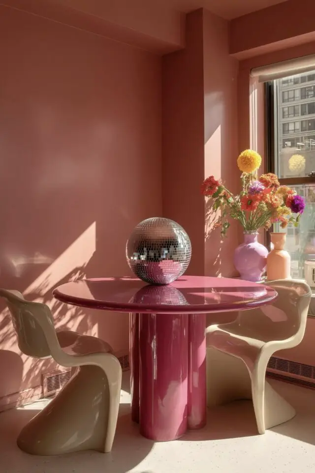 décor camaïeux rose coin salle à manger plusieurs nuances modernes table ronde colorée boule à facettes vases design décor camaïeux rose coin salle à manger plusieurs nuances modernes table ronde colorée boule à facettes vases design