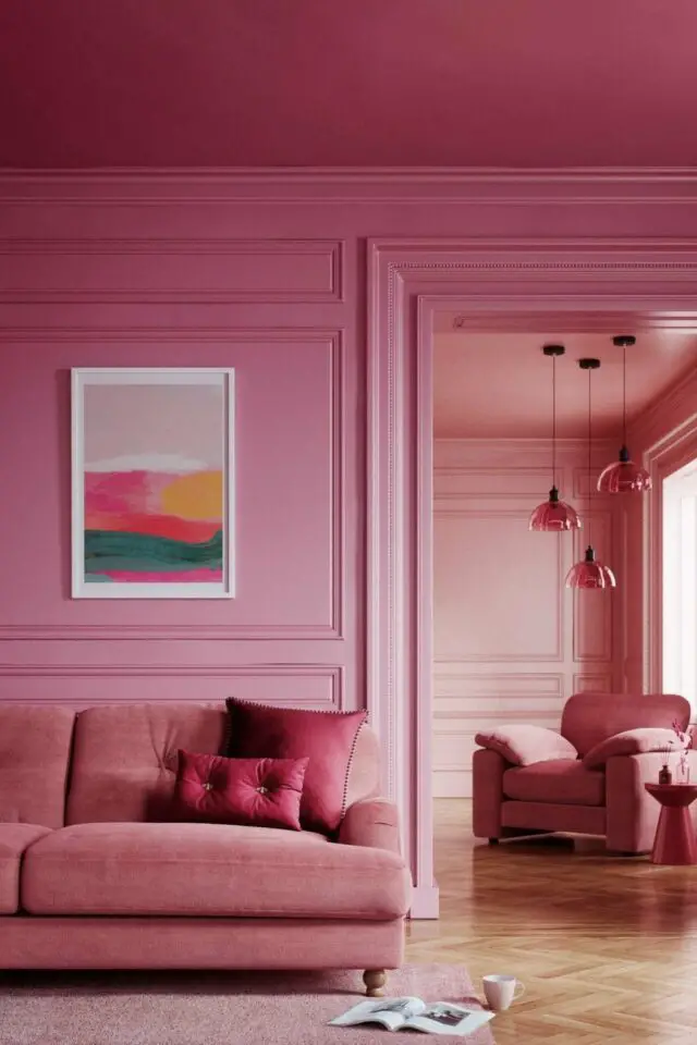 décoration intérieure moderne camaïeux rose salon séjour moulures peinture murale canapé coussin plafond total look monochrome décoration intérieure moderne camaïeux rose salon séjour moulures peinture murale canapé coussin plafond total look monochrome