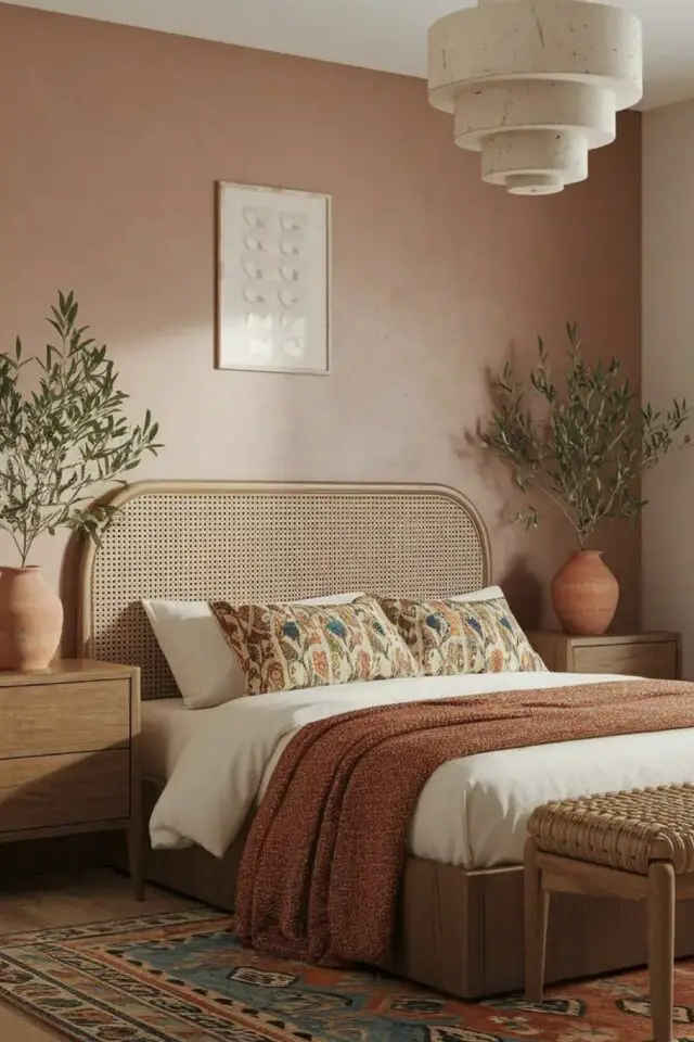 décoration intérieure moderne camaïeux rose chambre adulte moderne et douce peinture murale meuble en bois couvre-lit marron décoration intérieure moderne camaïeux rose chambre adulte moderne et douce peinture murale meuble en bois couvre-lit marron